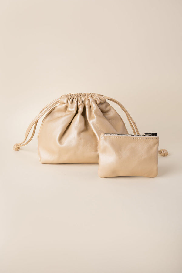 champagne drawstring bag and coin wallet 