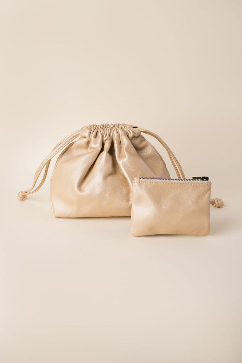 champagne drawstring bag and coin wallet 